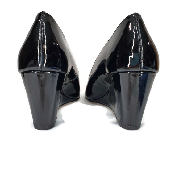 Sole Society Patent Leather Chaya Wedge Sandal Black Size 7.5 3" Wedge Peep-toe - Picture 7 of 10